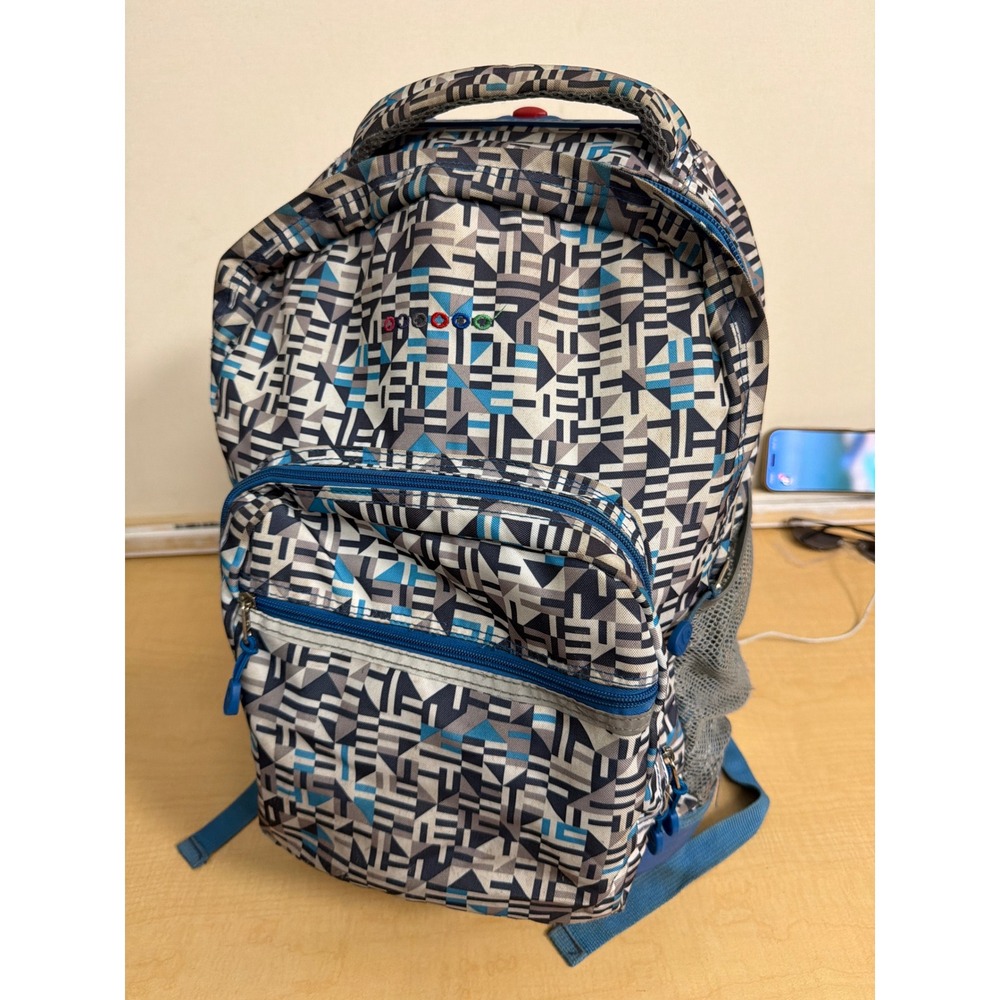 Geometric Rolling Backpack Blue Grey White Pattern Wheeled School Travel Bag